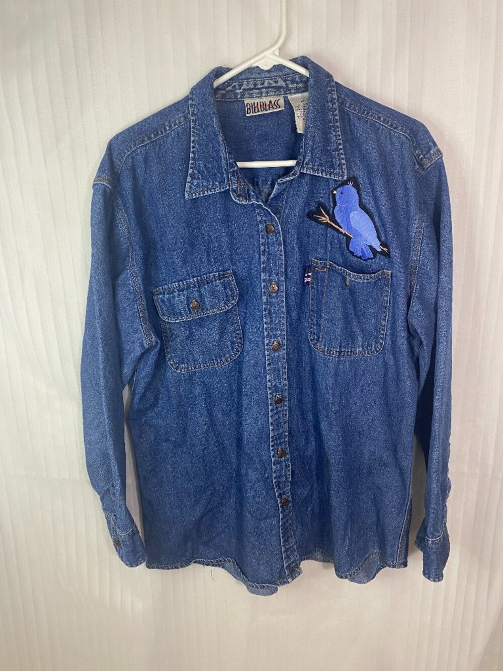 Vintage BillBlass Jeans Denim Button Up Shirt XL Bluebird Applique Long Sleeve